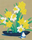 A. J. Casson, Daffodils with Delph Figure, colour silkscreen on linen