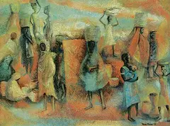 Untitled - Market Place by Nona Lenore Franks, 1977, mixed media on wood board, sold Apr 2019