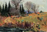 Untitled - Figures by a Trout Stream by Andrew Wilkie Kilgour, oil on wood panel, sold Apr 2019