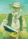 Untitled - Self Portrait with Sketch Book and Hat by Robert F.M. McInnis, 2009, oil on wood board, sold Apr 2019