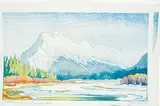 Mount Rundle in March #57/100 by Margaret Shelton, 1978, lino block in eight colours on paper, sold Apr 2019