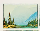 Twin Lakes, Storm Mountain #50/50 by Margaret Shelton, 1945, lino block in four colours on paper, sold Apr 2019