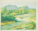 Margaret Shelton, Robin Hood Hills [Drumheller] #61/100, 1942, wood block in eight colours on paper