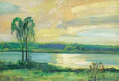 Charles Walter Simpson, Untitled - Sunset at the Lake, oil on canvas board