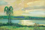 Charles Walter Simpson, Untitled - Sunset at the Lake, oil on canvas board