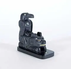 Haida Raven and Bear by Glen Pollard, argillite carving with bone and abalone, sold Mar 2019