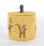 Jeannie Niukpuk, Round Lyme Grass Basket with Soap Stone Bird Handle, 1961, grass basket with black stone carving