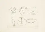 Pitseolak Ashoona, Untitled - Three Tattooed Faces and Three Objects #13/50, 1962, etching on paper