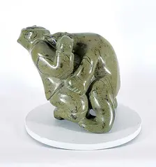 Napachee Pitsiulak, Bear Attacking Hunter, green stone carving