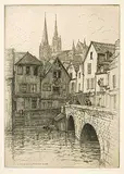 Caroline Armington, Le Pont Bouju et la Cathedrale a Chartres #14/100, 1926, etching on paper