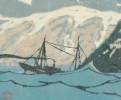 Clarence Gagnon, Schooner in a Squall, colour monoprint on paper