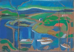 Max Maynard, Boats and Red Roofs, The Gorge, 1980, acrylic on paper