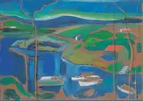 Max Maynard, Boats and Red Roofs, The Gorge, 1980, acrylic on paper