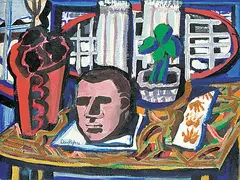Still Life with Head on Table by David Pugh, 1973, oil on canvas board, sold Dec 2018