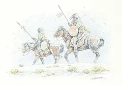 Gerald T. Tailfeathers, Untitled - Two Braves Head to War, 1971, watercolour and ink on paper