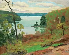 George Thomson, Untitled - View of the Bay, oil on paper board