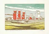 George Weber, Grain Elevators, Radway, Alberta, 1963, colour silkscreen on paper