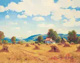 Fall Scene with Stooks by Roland Gissing, oil on canvas, sold Nov 2018