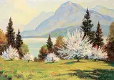 Orchard on Kootenay Lake by Roland Gissing, oil on canvas, sold Nov 2018