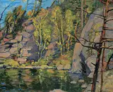 James Henderson, Lake Shoreline, Muskoka, 1932, oil on wood board