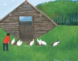 Untitled - Feeding the Chickens by Allen Sapp, acrylic on canvas, sold Nov 2018