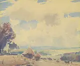 Haystacks by Alfred Crocker Leighton, watercolour on paper, sold Nov 2018