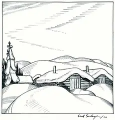 Carl Schaefer, Two Cabins, Winter, Hanover, 1930, ink on paper