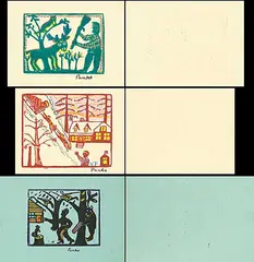 William Panko, Dogsled / Hunter and Deer / Bear and Hunter, hand coloured relief prints