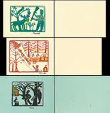 William Panko, Dogsled / Hunter and Deer / Bear and Hunter, hand coloured relief prints