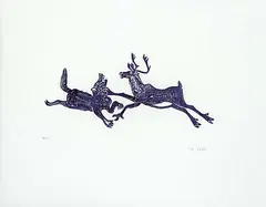 Tivi Etok, Wolf with Caribou II #32/50, 1974, stonecut on paper