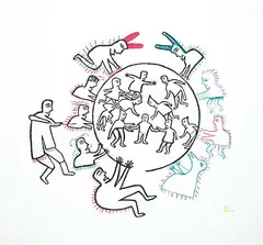 Jessie Oonark, Evil Spirits Around the Igloo #32/39, 1972, colour stonecut on paper