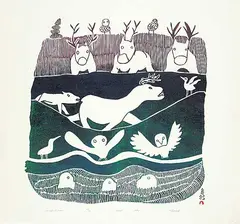 Pitseolak Ashoona, Animals I Know #43/50, 1970, colour stonecut on paper