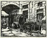 Paul Archibald Octave Caron, Courtyard of the Silver Dollar Inn, Montreal, 1925, wood block on paper