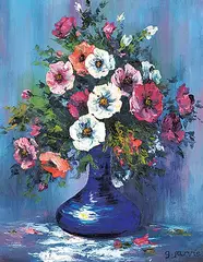 Georgia Jarvis, Untitled - Flowers in a Blue Vase, oil on wood board