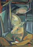 Wynona Croft Mulcaster, Untitled - Pigs in the Barn, 1945, oil on wood board