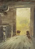 Baby Sitting at Door by Allen Sapp, acrylic on canvas, sold Apr 2018