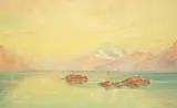 Charles Jones Way, Water Reflections with Mountains in the Distance, watercolour on paper