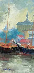 A. Norton Beatty, Ships in a Port, oil on paper board