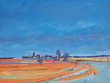 Road #3 - Elevators in the Distance by Robert F.M. McInnis, 2008, oil on wood board, sold Apr 2018