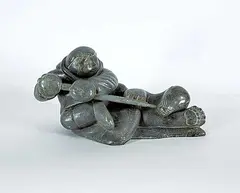 Moses Etok, Untitled - Battle of the Hunter and the Bear, grey stone carving