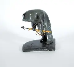 Samwillie Iqaluq, Untitled - Gone Fishing, black and grey stone carving with wood and stone spear