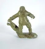 Davidee Kakasilk, Hunter and Seal, 1999, mottled green stone and bone carving