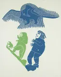 Leah Qumaluk, Untitled - Bird and Two Figures #16/30, 1964, colour relief print on paper