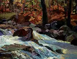 Joan Dewar, In the Gorge, 1971, oil on wood board