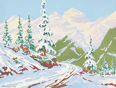 Reginald Llewellyn Harvey, Untitled - Wintery Road Through the Mountains, gouache on paper