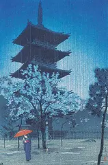 Shiro Kasamatsu, A Pagota at Beno Park in Spring Rain, colour wood block on paper