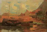 Jes Wallace, Untitled - Ships in the Harbour, oil on canvas board