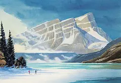 Percy Roy Wilson, Untitled - Skiers at Bow Lake, 1970, watercolour on paper
