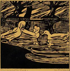 Mary E. Wrinch, Ducks on the Pond, lino block on paper