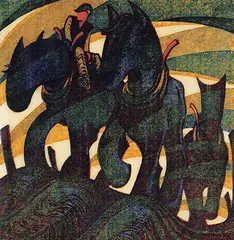 Sybil Andrews, Days End #2/60, 1961, colour lino block on paper